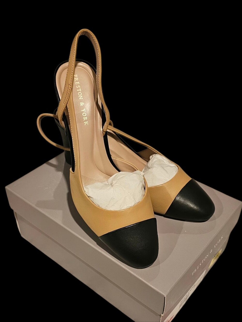 *NWOT*  Leather Upper Preston & York Two-Tone Slingback Pumps in Tan and Black